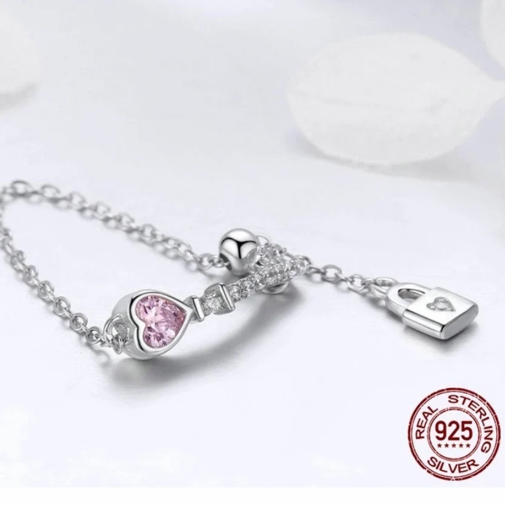 Trendy New 925 Sterling Silver Love Heart Lock Key Chain Rings for Women - Picture 2 of 5